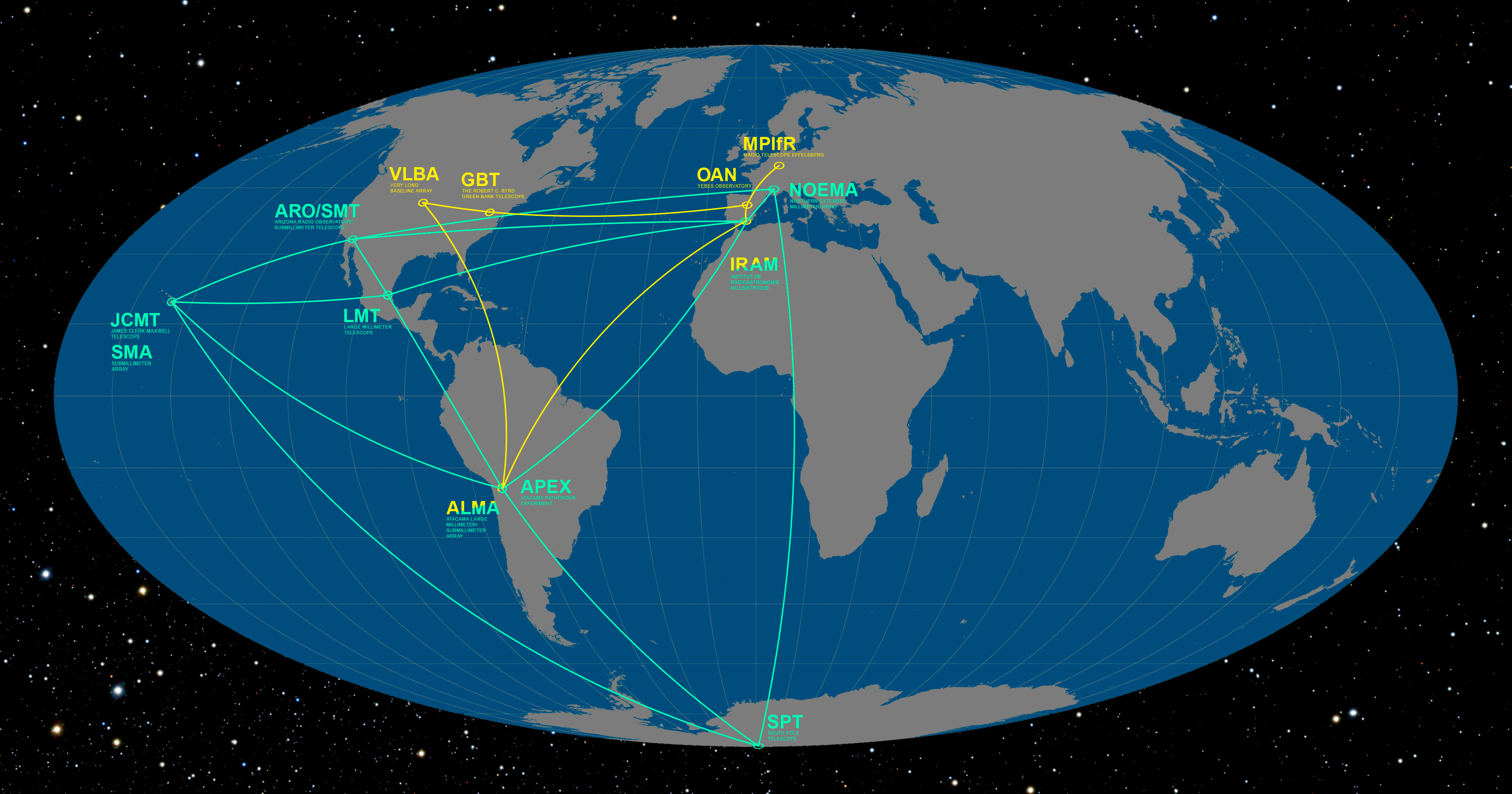 Die Radioteleskope die im Event Horizon Telescope
     zusammengeschlossen sind.
     (By ESO/0. <a
     href='https://www.eso.org/public/images/ann17015a/1'> Furtak</a>,
     <a href='https://commons.wikimedia.org/w/index.php?curid=57580702'>CC BY 4.0</a>)